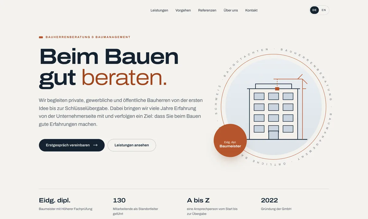 Startseite einer Website für eine Bauherrenberatung (Referenz, anonymisiert)