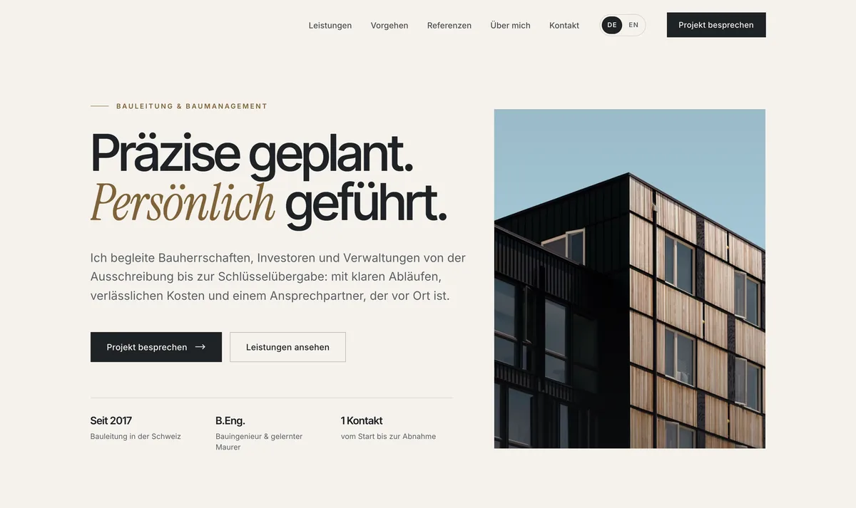 Startseite einer Website für ein Bauleitungsbüro (Referenz, anonymisiert)
