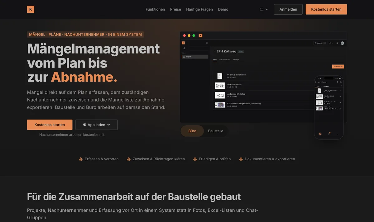 Startseite der Produktwebsite einer Software für Mängelmanagement im Dark Mode (Referenz, anonymisiert)